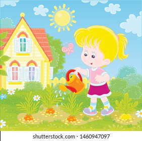 Smiling little girl watering carrots in her small kitchen garden in front of a house on a sunny summer day, vector illustration in a cartoon style