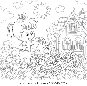 Smiling little girl watering flowers on a flowerbed on a lawn in front of her house on a sunny summer day, black and white vector illustration in a cartoon style