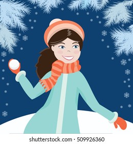 Smiling little girl in winter coat, scarf and hat holding snowball in hand on background of snowflakes. Vector illustration