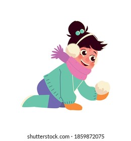 smiling little girl with winter earmuffs and snowball vector illustration