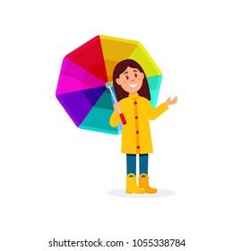 Smiling little girl in yellow raincoat standing under rainbow umbrella cartoon vector Illustration on a white background