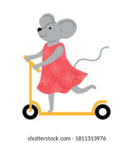 Smiling little grey mouse in dress riding scooter outdoors