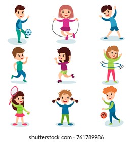 Smiling little kids characters doing different sports and playing sportive games, kids physical activity cartoon vector Illustrations