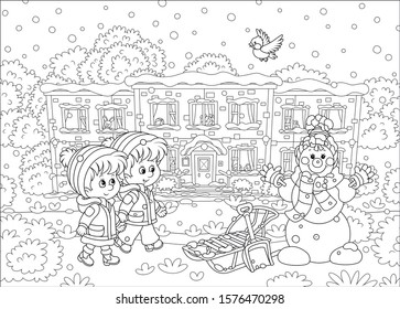 Smiling little kids going to their nursery school and looking at a funny snowman on a snow-covered playground of a winter park on a beautiful snowy day, black and white vector illustration