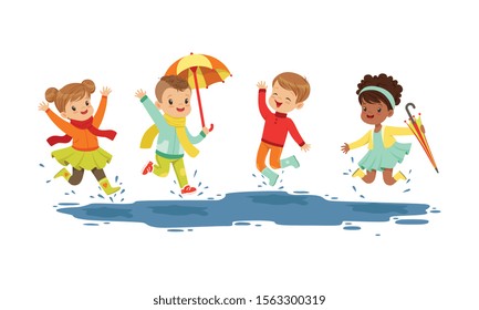 Smiling Little Kids Jumping in a Puddle in Rainy Day Vector Illustration