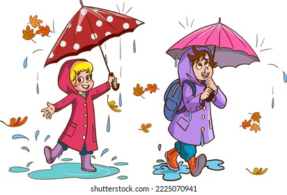 Smiling Little Kids Jumping in a Puddle in Rainy Day Vector Illustration