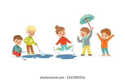 Smiling Little Kids Jumping and Sailing Toy Boats Vector Illustration