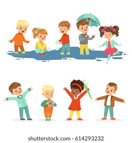 Smiling little kids playing on puddles, set for label design. Active leisure for children. Cartoon detailed colorful Illustrations