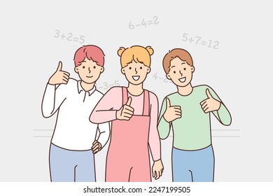 Smiling little kids in school show thumb up recommend good quality education. Happy schoolchildren give recommendation to learning or educative process. Vector illustration. 