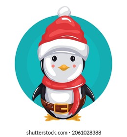 smiling little penguin with christmas hat on paint stain
