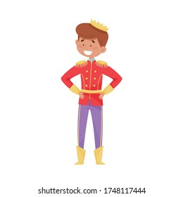 Smiling Little Prince with Golden Crown Wearing Carnival Suit Vector Illustration