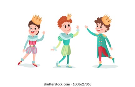 Smiling Little Prince with Golden Crown Wearing Carnival Suit Vector Illustration Set