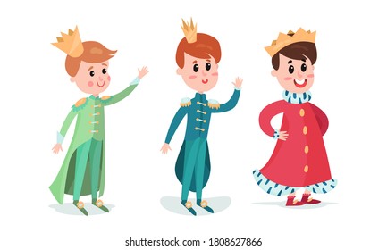 Smiling Little Prince with Golden Crown Wearing Carnival Suit Vector Illustration Set