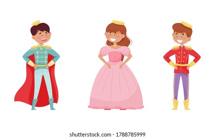 Smiling Little Prince and Princess Wearing Crown and Dressy Look Garments Vector Illustrations Set