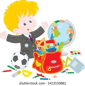 Smiling little schoolboy with rules, textbooks, exercise books, pencils, pens, a football, a globe and a school bag, vector illustration in a cartoon style