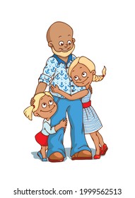 Smiling little sisters dressed in nautical style hug dad. Happy Family Concept. Funny cartoon characters isolated on white background. Hand drawn Vector Illustration for poster, greeting card