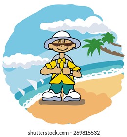 Smiling little traveler on tropic island