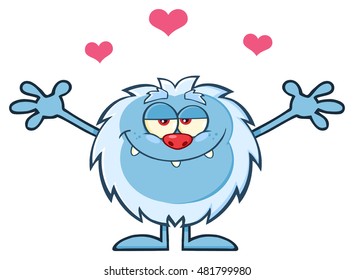 Smiling Little Yeti Cartoon Mascot Character With Open Arms For Hugging With Hearts. Vector Illustration Isolated On White Background