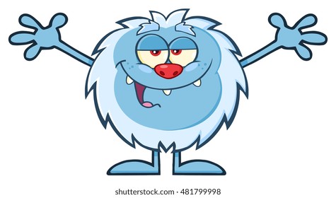 Smiling Little Yeti Cartoon Mascot Character With Open Arms For Hugging. Vector Illustration Isolated On White Background