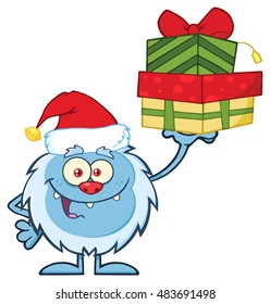 Smiling Little Yeti Cartoon Mascot Character With Santa Hat Holding Up A Gifts. Vector Illustration Isolated On White Background