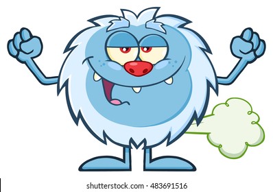 Smiling Little Yeti Cartoon Mascot Character Farting. Vector Illustration Isolated On White Background