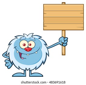 Smiling Little Yeti Cartoon Mascot Character Holding Up A Wooden Blank Sign. Vector Illustration Isolated On White Background