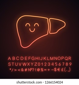 Smiling liver neon light icon. Healthy digestive gland. Liver health. Glowing sign with alphabet, numbers and symbols. Vector isolated illustration