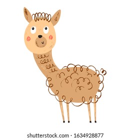 Smiling llama. Cute animal. Vector childish background. Hand drawn illustration. Pencil brush texture. Funny Baby animal. Hand Drawn kids cartoon character.