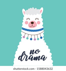 smiling llama design over blue background. no drama. vector illustration