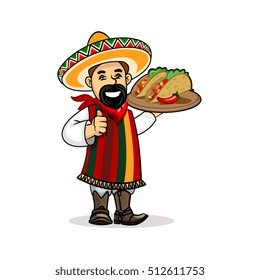 Smiling lmexican chef cook in national clothing poncho, sombrero, mustache holding menu card template and spicy tacos on plate. Vector emblem for restaurant signboard, menu, welcome decoration