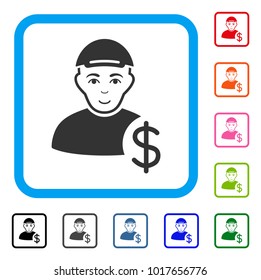 Smiling Loan User vector pictogram. Human face has joy mood. Black, grey, green, blue, red, orange color versions of loan user symbol inside a rounded squared frame. A boy with a cap.