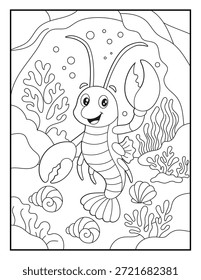Lächelnder Hummer Den Meeresboden entdecken, Niedliche Unterwasser-Malvorlage für Kinder und Erwachsene. Ideal für Kinder beim Färben von Büchern, Vorschulaktivitäten, druckbaren Arbeitsblättern und Lehrmaterialien