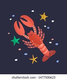 Smiling lobster isolated on dark background. Amusing happy marine animal, crustacean, cute funny underwater creature living in sea. Fauna of tropical ocean. Flat cartoon colorful vector illustration.