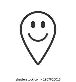 Smiling location pointer symbol icon. Happy Gps navigation pin sign. Smile face emotion character. Map position marker logo. Vector illustration image.