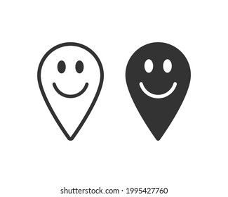 Das Symbol für den Zeiger-Standort lächelnd. Frohes GPS-Navigations-Pin-Zeichen. Lächle Gesicht Emotionscharakter. Kartenpositionierungslogo. Vektorgrafik.