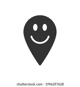 Smiling location pointer symbol icon. Happy Gps navigation pin sign. Smile face emotion character. Map position marker logo. Vector illustration image.