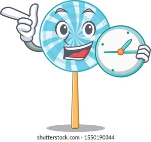 Smiling lollipop cartoon style vector illustration with clock