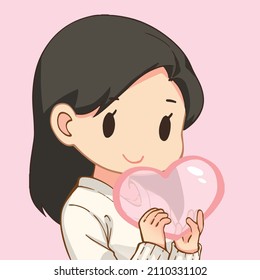 Smiling long hair girl in casual clothes is giving pastel pink heart to her lover  Happy moment in valentine day white day and full love  Pastel color cartoon vector illustration  
