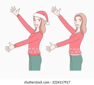 A smiling long hair woman wearing a 
snowflake pattern long sleeve sweater 
with a hat and without a hat, she spread her arms out. girl looked excited and surprised. merry christmas and new year.