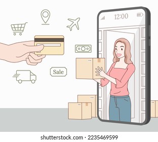 smiling long hair woman wearing t shirt 
she emerged from the smartphone 
handing over parcels box to customers. 
hand holding credit card with icons. 
online business. e-commerce.