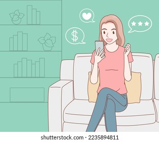 smiling long hair woman wearing t shirt 
sitting in chair holding smartphone and 
with icon money, heart, and star. 
girl looked excited and surprised. 
online business.