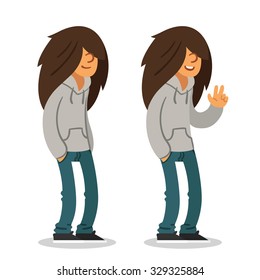 Smiling long haired teenager in two poses. Isolated vector illustration.