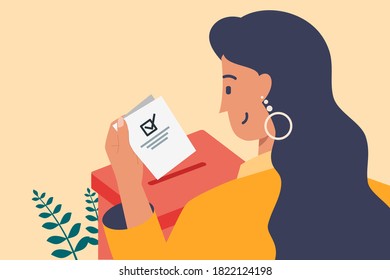 Smiling Long Haired Young Woman Putting Vote Paper into Election Box for General Regional or Presidential Election. Flat Design Cartoon Style Vector Illustration