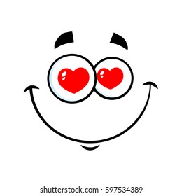 Smiling Love Cartoon Funny Face With Hearts Eyes Expression. Vector Illustration Isolated On White Background