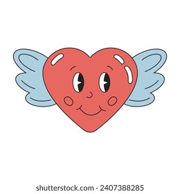 Smiling love heart with wings in groovy style, retro. Symbol for Valentine's Day in the style of the 80s, 90s, vintage style.