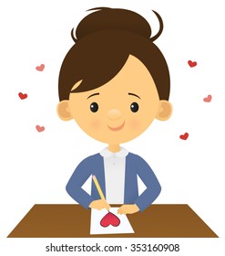 Smiling lovestruck girl writing love letters and drawing hearts