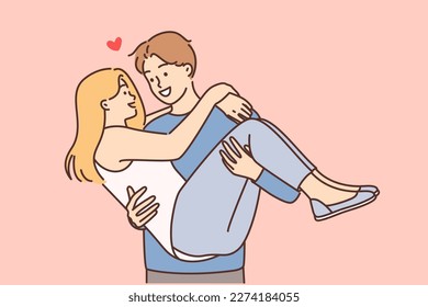 Smiling loving man hold in arms excited woman. Happy guy carrying in hands joyful girl. Love and relationships. Vector illustration. 