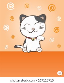 smiling lucky cat sitting and raising one leg.