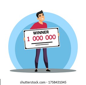 Smiling lucky man holding million bank check, won money prize. Vector character illustration of gambling game industry, victory chance, winner reward, successful people, entertainment and hobby