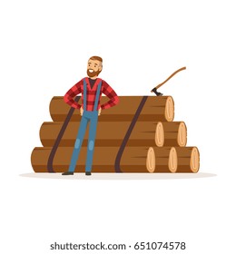 Smiling lumberjack man standing against pile of logs colorful character vector Illustration
